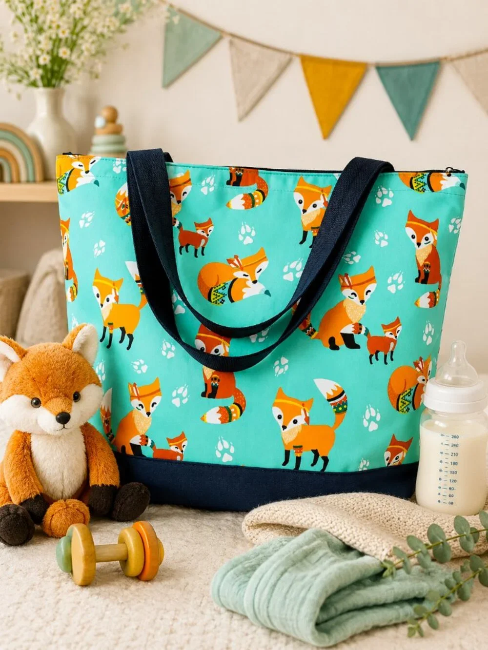 Whimsical Fox Print Tote Bag Aqua Orange Woodland Animal Navy Handles NWT